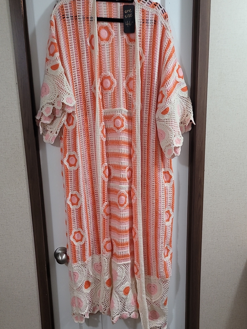 POL Spring Groove Crochet Duster Cardigan in Orange Multi